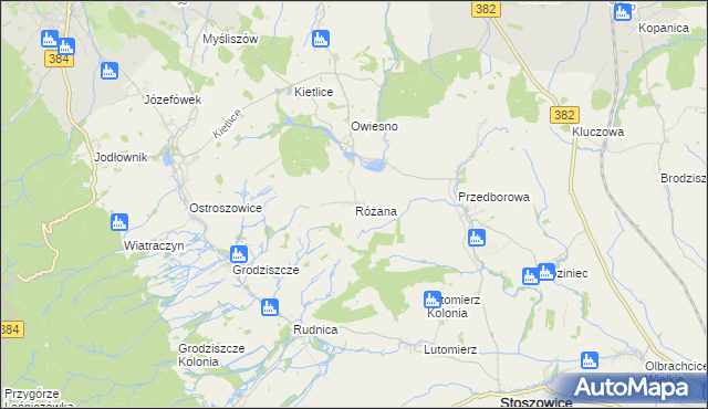 mapa Różana gmina Stoszowice, Różana gmina Stoszowice na mapie Targeo