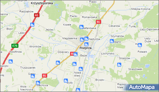 mapa Rozprza powiat piotrkowski, Rozprza powiat piotrkowski na mapie Targeo