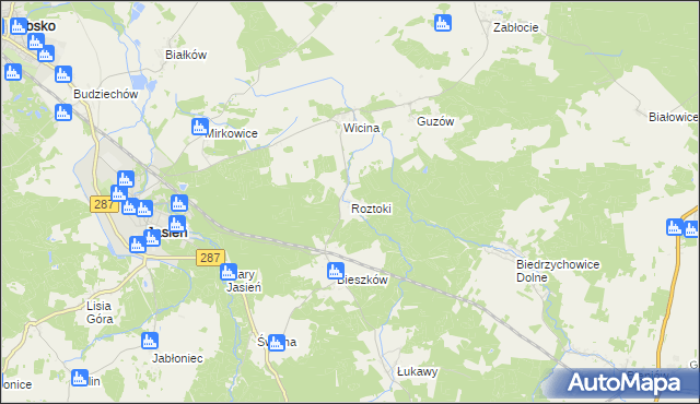 mapa Roztoki gmina Jasień, Roztoki gmina Jasień na mapie Targeo