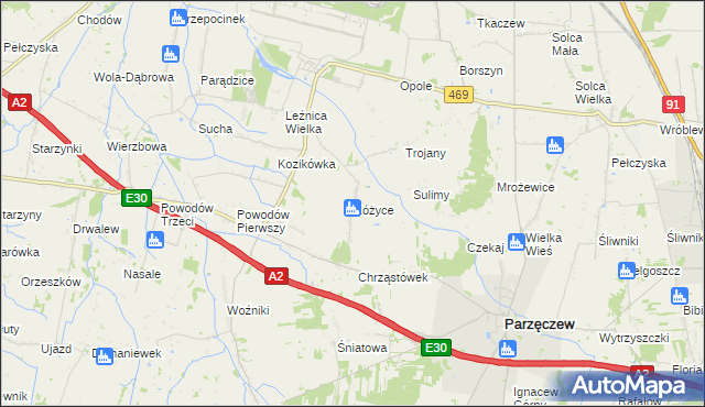 mapa Różyce gmina Parzęczew, Różyce gmina Parzęczew na mapie Targeo