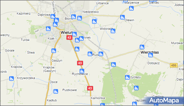 mapa Ruda gmina Wieluń, Ruda gmina Wieluń na mapie Targeo