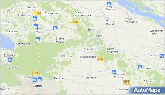 mapa Rumunki gmina Gąbin, Rumunki gmina Gąbin na mapie Targeo