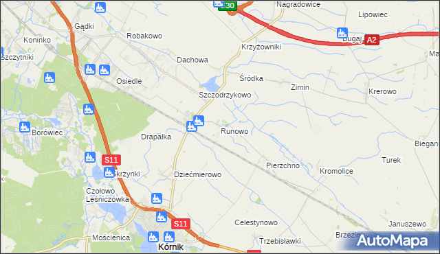 mapa Runowo gmina Kórnik, Runowo gmina Kórnik na mapie Targeo