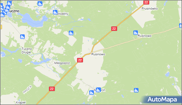 mapa Rusinowo gmina Tuczno, Rusinowo gmina Tuczno na mapie Targeo