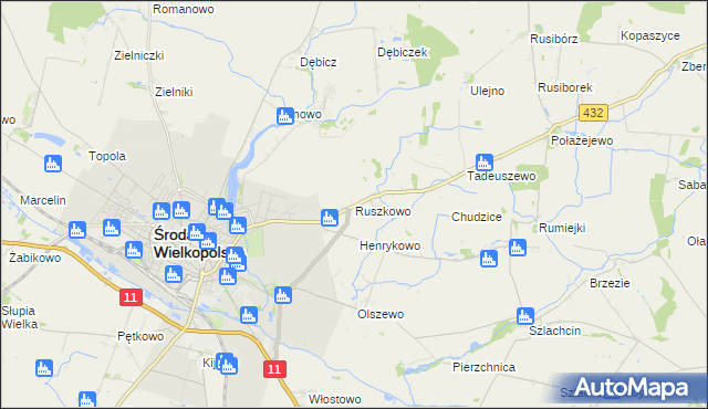 mapa Ruszkowo gmina Środa Wielkopolska, Ruszkowo gmina Środa Wielkopolska na mapie Targeo