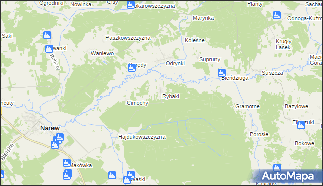 mapa Rybaki gmina Narew, Rybaki gmina Narew na mapie Targeo