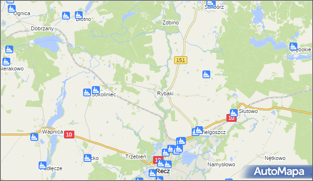 mapa Rybaki gmina Recz, Rybaki gmina Recz na mapie Targeo