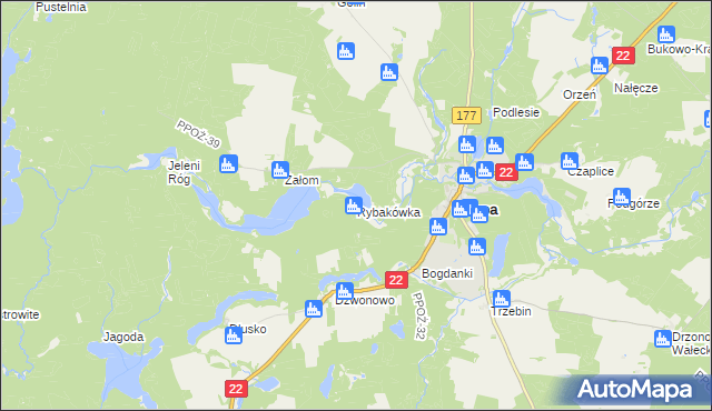 mapa Rybakówka gmina Człopa, Rybakówka gmina Człopa na mapie Targeo