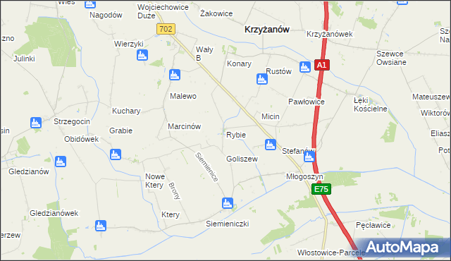 mapa Rybie gmina Krzyżanów, Rybie gmina Krzyżanów na mapie Targeo