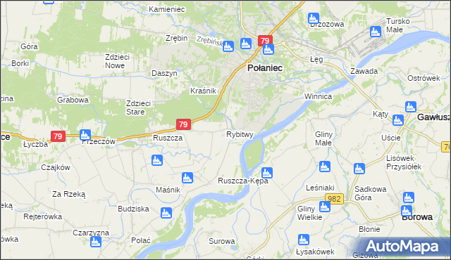 mapa Rybitwy gmina Połaniec, Rybitwy gmina Połaniec na mapie Targeo