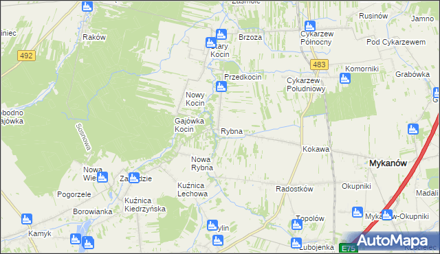 mapa Rybna gmina Mykanów, Rybna gmina Mykanów na mapie Targeo