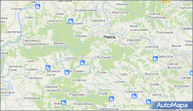 mapa Rychwałd gmina Pleśna, Rychwałd gmina Pleśna na mapie Targeo