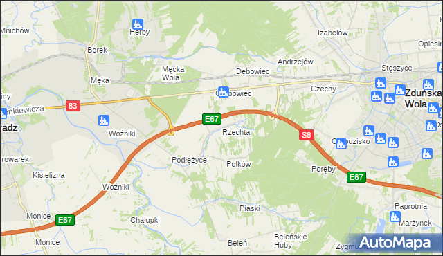 mapa Rzechta gmina Sieradz, Rzechta gmina Sieradz na mapie Targeo