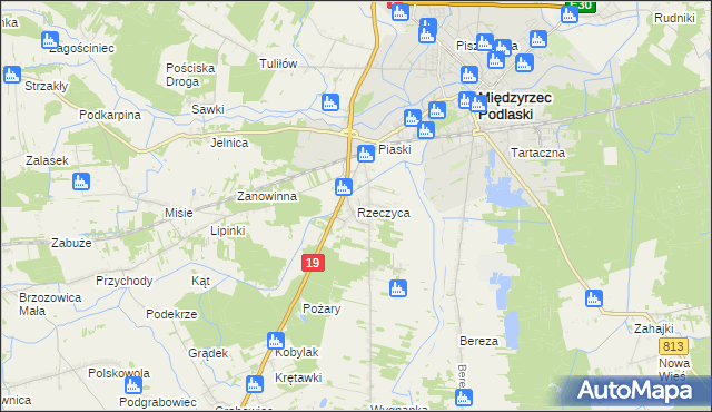 mapa Rzeczyca gmina Międzyrzec Podlaski, Rzeczyca gmina Międzyrzec Podlaski na mapie Targeo