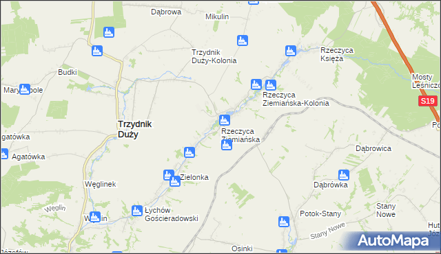 mapa Rzeczyca Ziemiańska, Rzeczyca Ziemiańska na mapie Targeo