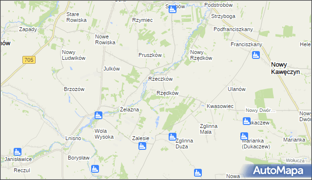 mapa Rzędków gmina Nowy Kawęczyn, Rzędków gmina Nowy Kawęczyn na mapie Targeo