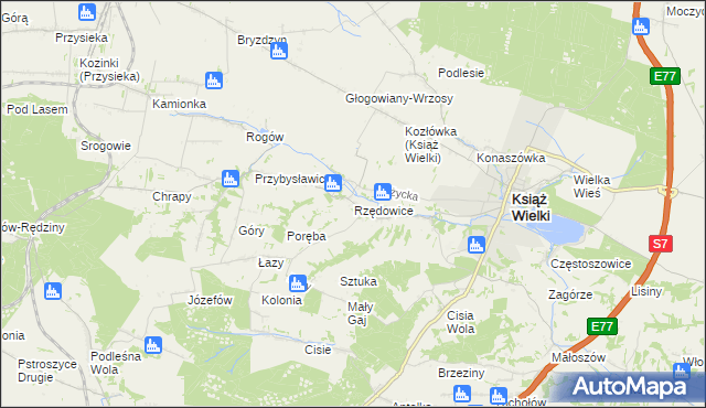 mapa Rzędowice gmina Książ Wielki, Rzędowice gmina Książ Wielki na mapie Targeo