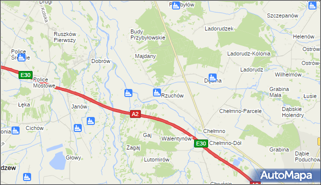 mapa Rzuchów gmina Dąbie, Rzuchów gmina Dąbie na mapie Targeo