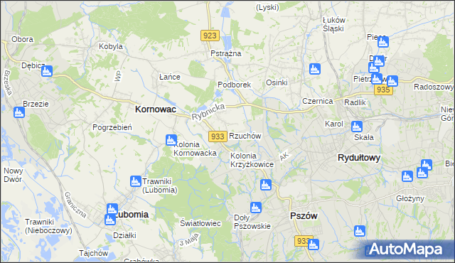 mapa Rzuchów gmina Kornowac, Rzuchów gmina Kornowac na mapie Targeo