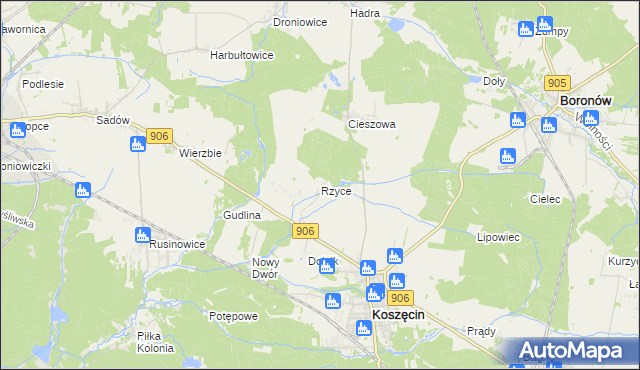 mapa Rzyce, Rzyce na mapie Targeo