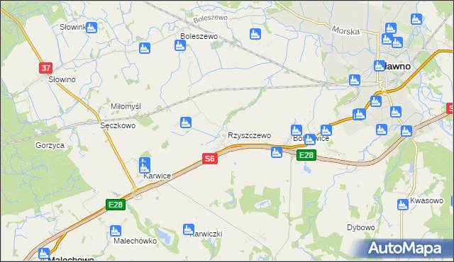 mapa Rzyszczewo gmina Sławno, Rzyszczewo gmina Sławno na mapie Targeo