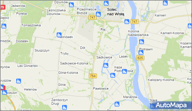 mapa Sadkowice gmina Solec nad Wisłą, Sadkowice gmina Solec nad Wisłą na mapie Targeo