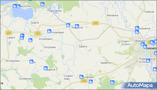 mapa Sadlno gmina Trzebiatów, Sadlno gmina Trzebiatów na mapie Targeo