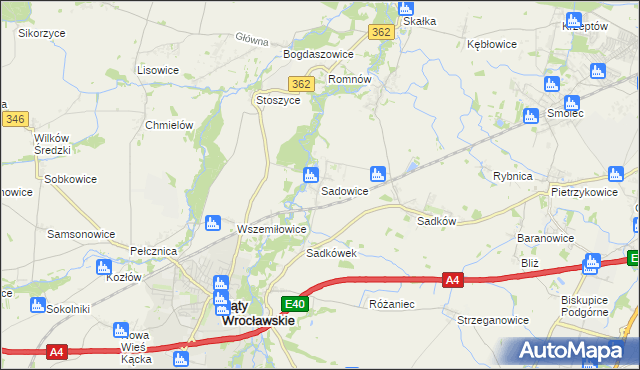 mapa Sadowice gmina Kąty Wrocławskie, Sadowice gmina Kąty Wrocławskie na mapie Targeo