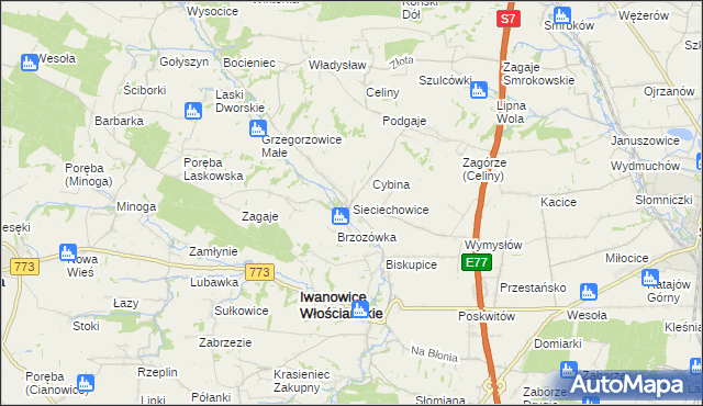mapa Sieciechowice gmina Iwanowice, Sieciechowice gmina Iwanowice na mapie Targeo