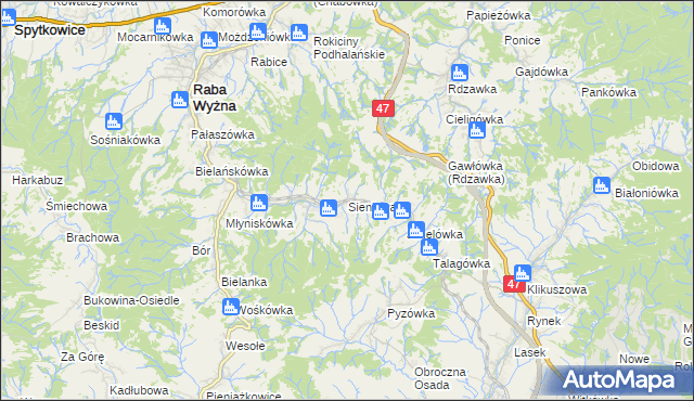 mapa Sieniawa gmina Raba Wyżna, Sieniawa gmina Raba Wyżna na mapie Targeo