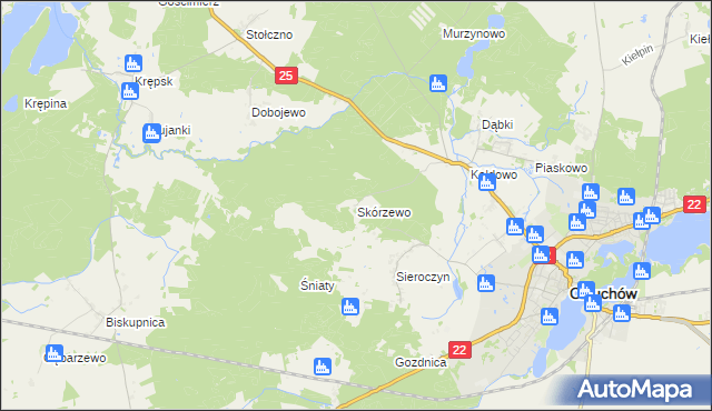 mapa Skórzewo gmina Człuchów, Skórzewo gmina Człuchów na mapie Targeo