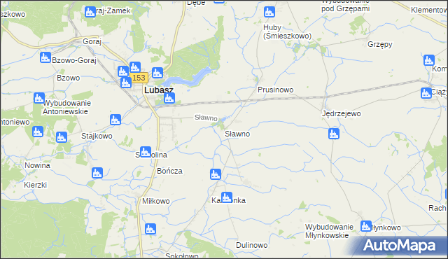 mapa Sławno gmina Lubasz, Sławno gmina Lubasz na mapie Targeo