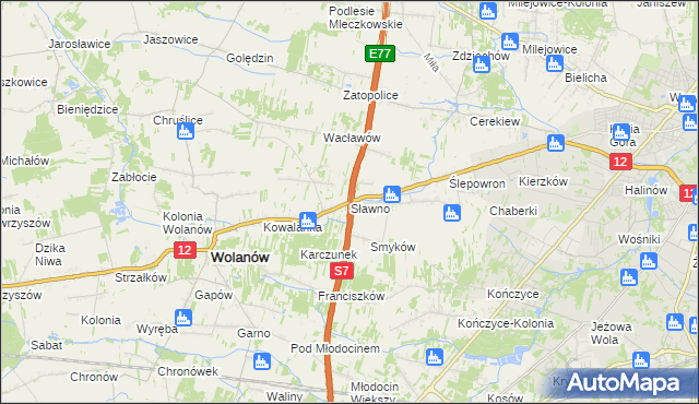 mapa Sławno gmina Wolanów, Sławno gmina Wolanów na mapie Targeo