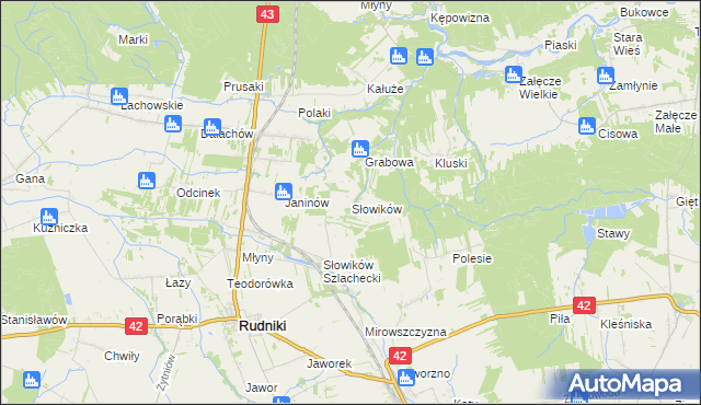 mapa Słowików gmina Rudniki, Słowików gmina Rudniki na mapie Targeo