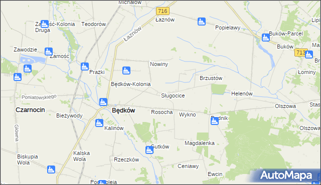 mapa Sługocice gmina Będków, Sługocice gmina Będków na mapie Targeo