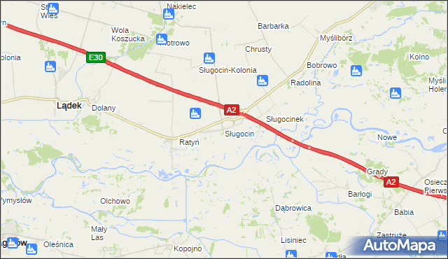 mapa Sługocin gmina Lądek, Sługocin gmina Lądek na mapie Targeo