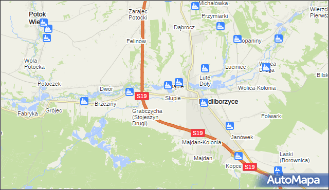 mapa Słupie gmina Modliborzyce, Słupie gmina Modliborzyce na mapie Targeo