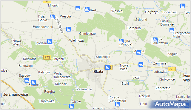 mapa Sobiesęki gmina Skała, Sobiesęki gmina Skała na mapie Targeo