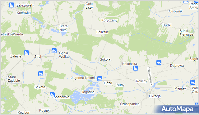 mapa Sokola gmina Kłoczew, Sokola gmina Kłoczew na mapie Targeo