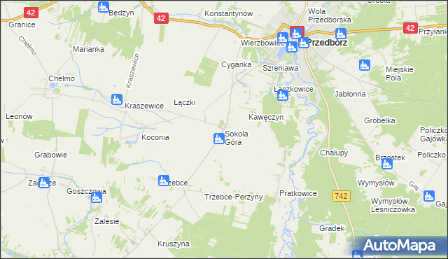 mapa Sokola Góra gmina Wielgomłyny, Sokola Góra gmina Wielgomłyny na mapie Targeo