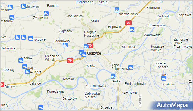 mapa Sokołowice gmina Koszyce, Sokołowice gmina Koszyce na mapie Targeo