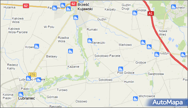 mapa Sokołowo-Parcele gmina Brześć Kujawski, Sokołowo-Parcele gmina Brześć Kujawski na mapie Targeo