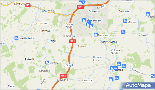 mapa Sokoły gmina Szczuczyn, Sokoły gmina Szczuczyn na mapie Targeo