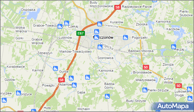 mapa Sosnowica gmina Mszczonów, Sosnowica gmina Mszczonów na mapie Targeo