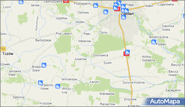 mapa Sosnowica gmina Zwoleń, Sosnowica gmina Zwoleń na mapie Targeo