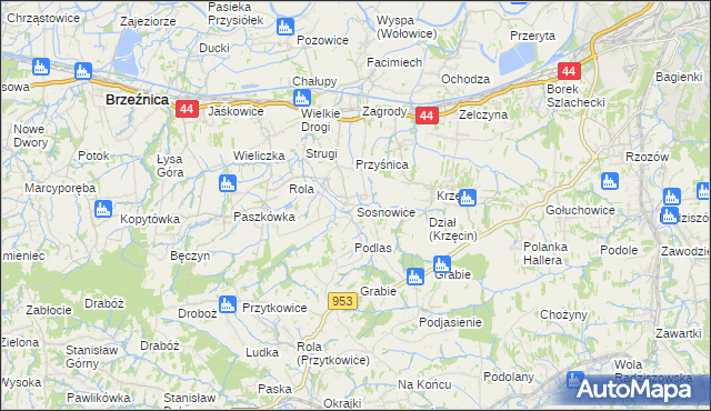 mapa Sosnowice gmina Brzeźnica, Sosnowice gmina Brzeźnica na mapie Targeo