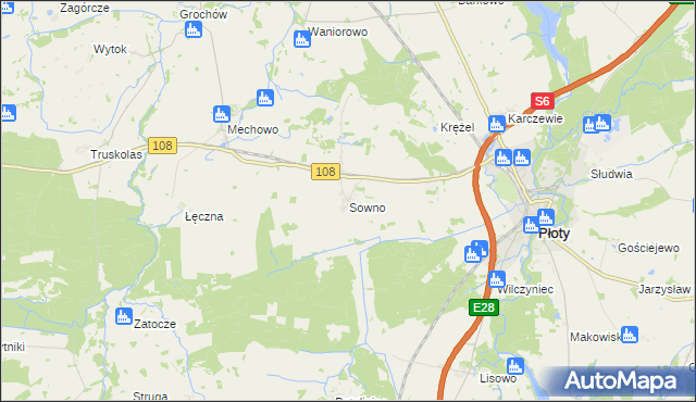 mapa Sowno gmina Płoty, Sowno gmina Płoty na mapie Targeo