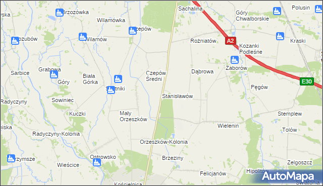 mapa Stanisławów gmina Uniejów, Stanisławów gmina Uniejów na mapie Targeo