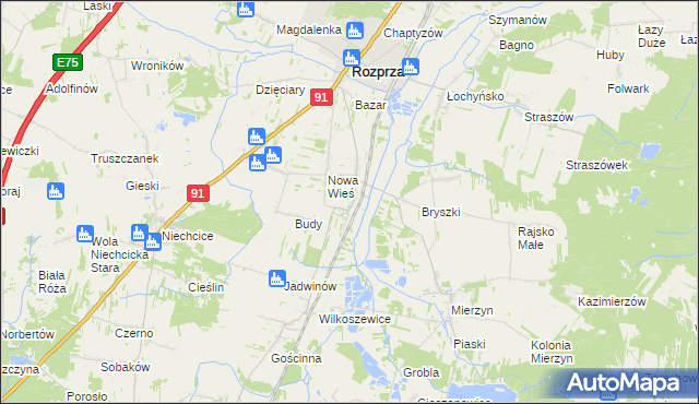 mapa Stara Wieś gmina Rozprza, Stara Wieś gmina Rozprza na mapie Targeo