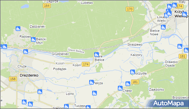 mapa Stare Bielice gmina Drezdenko, Stare Bielice gmina Drezdenko na mapie Targeo